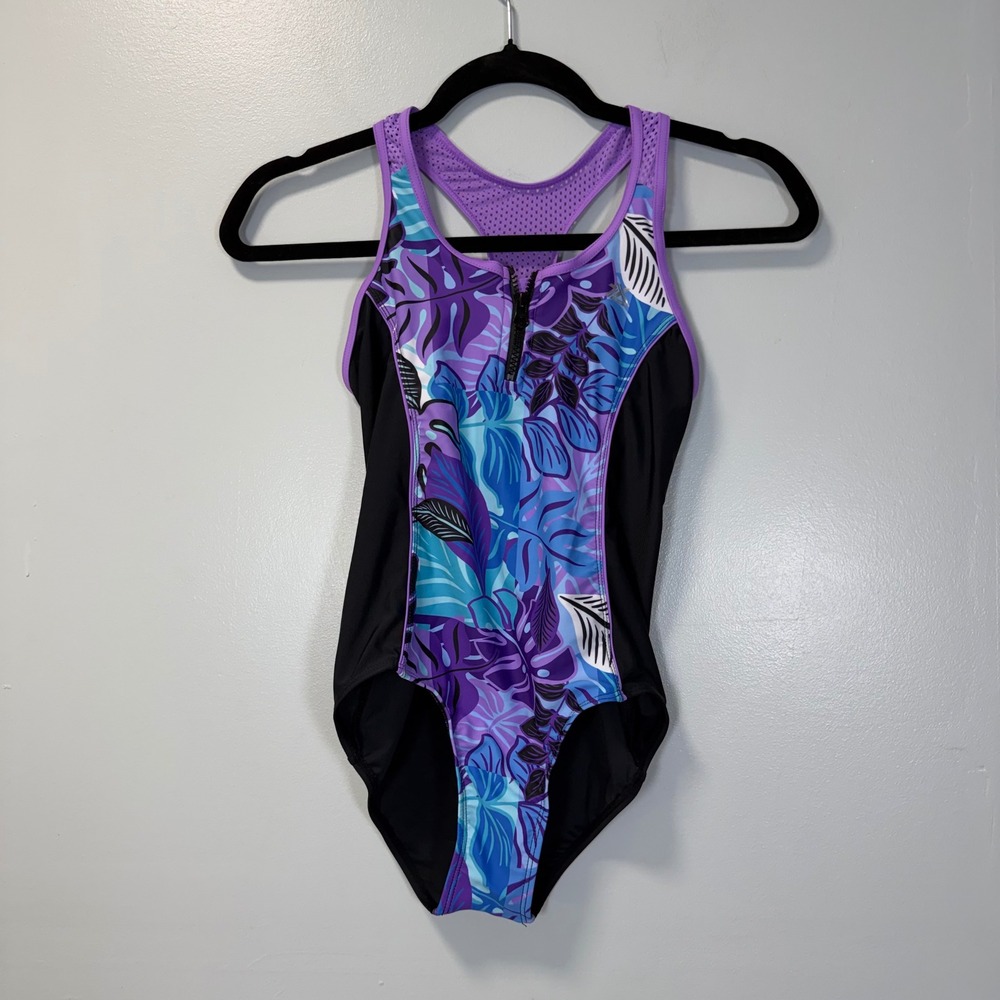 ZeroXposur‎ Girls Tropical Leaf One Piece Swimsuit Purple Blue Zip Front Sz L 14